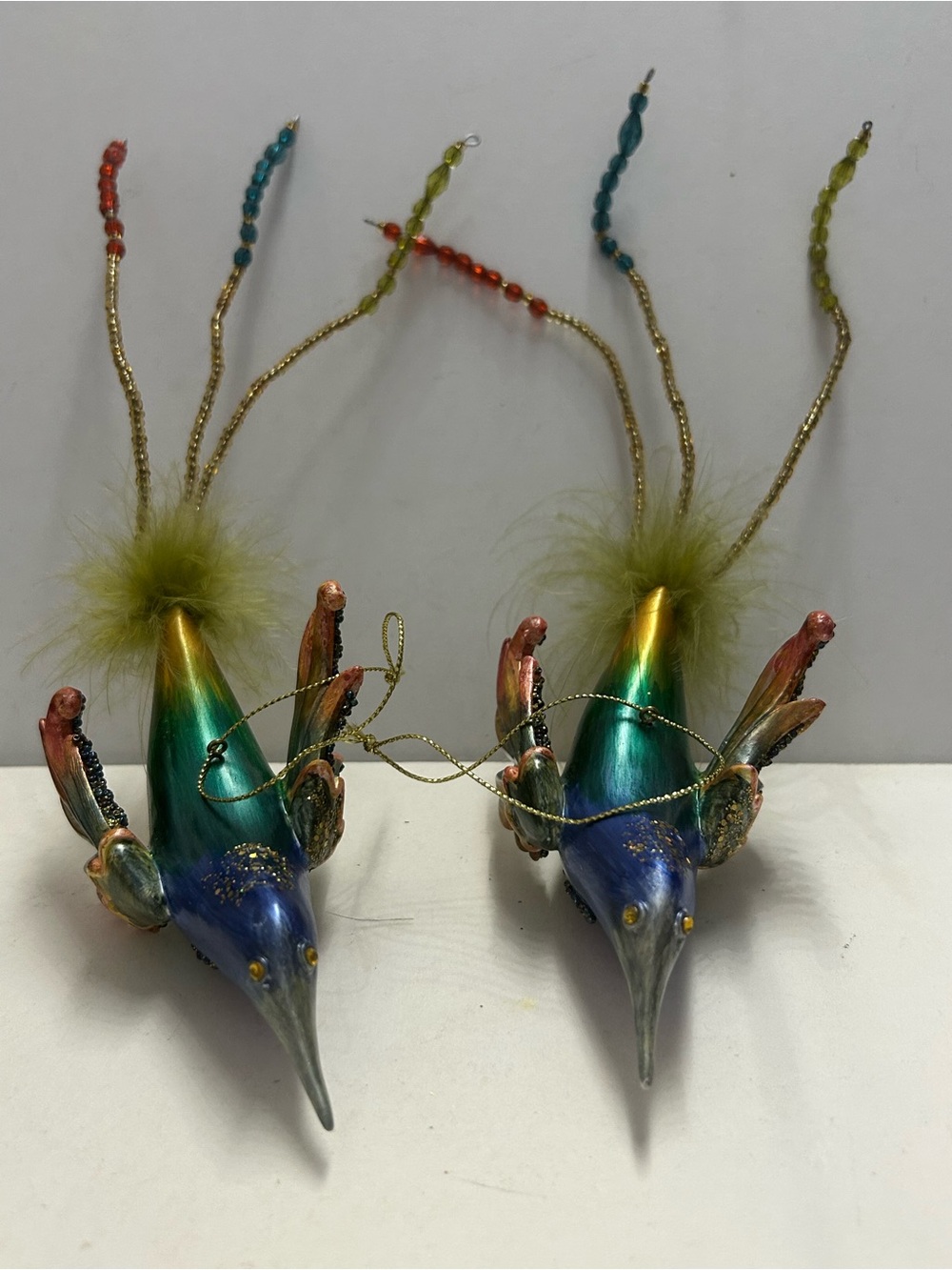Iridescent Bird Ornaments Hummingbird with Feathered and Beaded Tails Vintage